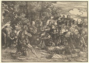 Maria unter Bäumen mit Baby, flankiert von Joseph links und St. Jerome rechts, 1517 von Domenico Campagnola