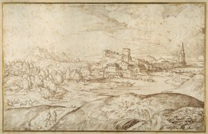 Gebirgige Landschaft mit einem Fluss und einer befestigten Stadt mit einem Turm mit Spitze