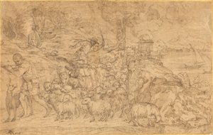 Hirte, der eine Flöte spielt und seine Herde führt von Domenico Campagnola