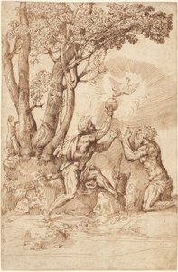 Die Einsiedlerheiligen Paulus und Antonius erhalten Brot von einer Taube von Domenico Campagnola