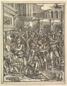 Das Massaker der Unschuldigen, rechte Seite mit einer Gruppe männlicher Figuren, die Frauen angreifen, 1517 von Domenico Campagnola