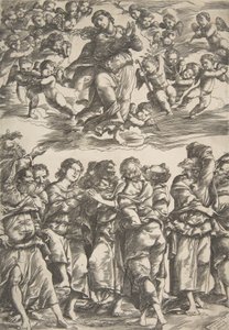 Die Jungfrau oben in der Mitte in Wolken mit gefalteten Händen und erhobenem rechten Fuß, umgeben von... von Domenico Campagnola