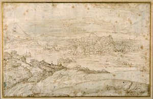 Waldlandschaft mit einem gewundenen Fluss; in der Ferne eine Stadt, eine Mischung aus Türmen und Kuppeln mit antiken Ruinen