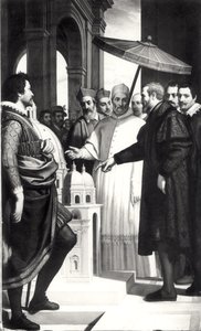 Michelangelo (1475-1564) präsentiert Papst Paul IV. (1476-1559) ein Modell der Kuppel von St. Peter von Domenico Cresti