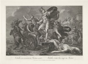 Achilles schleppt den Leichnam von Hector hinter seinem Wagen her