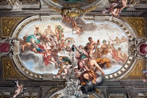 Das Angebot an Jupiter der Schlüssel des Tempels von Janus (oder Allegorie des Friedens), Decke des edlen Stockwerks, ca. 1665 (Fresko) von Domenico I Piola
