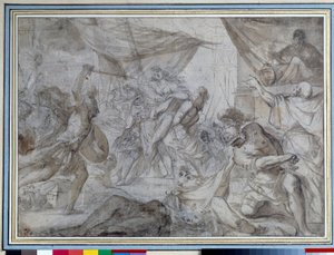 Soldaten entführten eine Königin und trugen sie in einem Schiff. Zeichnung von Domenico Canuti (1620-1684) 17. Jahrhundert Paris. Louvre Museum