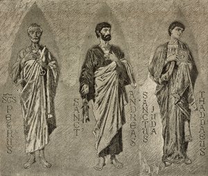 Heilige Petrus, Andreas und Judas der Apostel, Kartons von Domenico Morelli für Mosaik in der Kathedrale von Amalfi, Italien, Zeichnung von P. Scoppetta, Gravur aus L