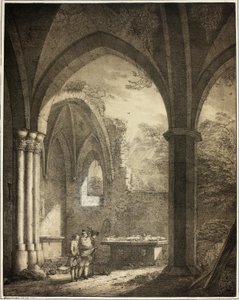Ruine der Kirche Unserer Lieben Frau mit den Grabsteinen von Genevieve und dem Pfalzgrafen Siegfried im Moseltal bei Andernach, aus der Sammlung denkwürdiger mittelalterlicher Gebäude in Deutschland von Domenico Quaglio