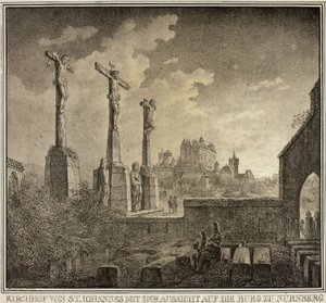 Friedhof St. Johannis mit Blick auf die Stadt Nürnberg, aus Sammlung denkwürdiger mittelalterlicher Gebäude in Deutschland von Domenico Quaglio