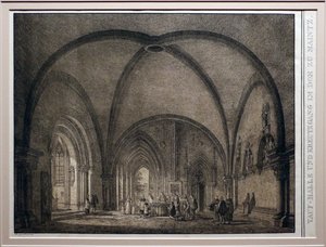 Domenico Quaglio II, Taufbecken und Kreuzgang der Kathedrale von Mainz, aus der Sammlung bemerkenswerter mittelalterlicher Gebäude Deutschlands, 1823, Lithographie von Domenico Quaglio the Younger