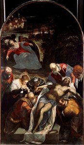 Das Grab: Unter den Figuren, die den Körper von Jesus Christus umgeben, sind der heilige Nikodemus, Joseph von Arimathäa, der heilige Johannes, die Jungfrau Maria und der heilige Johannes von Domenico Robusti Tintoretto
