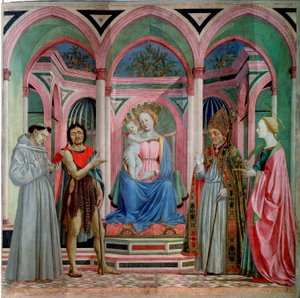 Altarbild von Santa Lucia dei Magnoli: Madonna mit Kind und den Heiligen Lucia, Franziskus, Johannes der Täufer und Zanobi von Domenico Veneziano