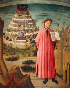 Dante Alighieri mit der Göttlichen Komödie in der Hand und den Bergen des Fegefeuers im Hintergrund (Detail)