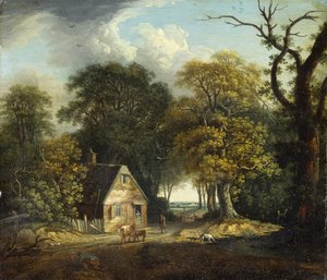 Eine bewaldete Landschaft mit einem Treiber und Vieh bei einer Hütte von Dominic Serres