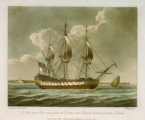Ein Linienschiff segelt von den Downs mit Blick auf das Sandown Castle in Deal