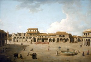 Havanna-Platz (Kuba), August und September 1762, unter britischer Besatzung mit einer Truppe von Soldaten in roten Uniformen, Beschreibung der Gebäude und einige englische Matrosen in der Nähe des Brunnens