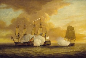 Seeschlacht zwischen der HMS Lion und Elisabeth und dem französischen Schiff Du Teillay am 9. Juli.