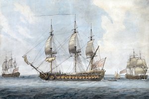 Porträt eines britischen 74-Kanonen-Schiffs, in Solent (England), aus drei verschiedenen Blickwinkeln. Gemälde von Dominic Serres dem Älteren (1719-1793), Aquarell um 1788 von Dominic Serres