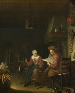 Innenraum mit einem Mann, der liest, und einer Frau, die Garn spinnt von Dominicus van Tol