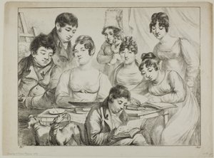Gespräch, eine Familie zeichnet und liest, die Krankenschwester hält ein Kleinkind, ein Porträt von Prinz Edmond de Beauvau hinter einem Stuhl und Porträts von Madame Lavallée und Madame Vallory, beide sitzend von Dominique Vivant Denon