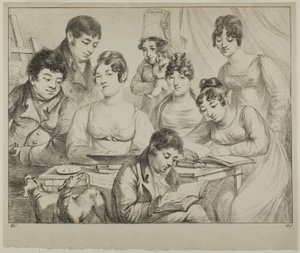 Gespräch, eine Familie beim Zeichnen und Lesen, die Krankenschwester hält ein Kleinkind, ein Porträt von Prinz Edmond de Beauvau hinter einem Stuhl und Porträts von Madame Lavallée und Madame Vallory, beide sitzend von Dominique Vivant Denon