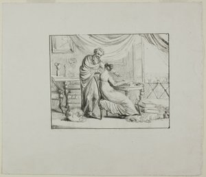 Denon unterrichtet eine junge Frau beim Zeichnen auf einem lithografischen Stein