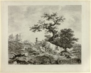 Landschaft mit Windmühle, jungem Mann und Mädchen, und zwei Ochsen von Dominique Vivant Denon