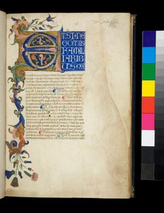Ms 373. Pseudo-Cicero, Rhetorica ad Herennium, und andere Werke, f.1r. Illuminierte Initiale [E] und Teilrahmen mit Akanthusblatt- und Blumendekoration, die erste Textzeile in weißen Großbuchstaben auf blauem Grund, ca. 1337 von Don Silvestro dei Gherarducci