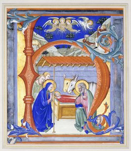 Illuminierte historiierte Initiale "N", die eine Geburtsszene darstellt, 1410 von Don Simone Camaldolese