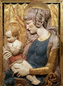 Jungfrau und Kind, ca. 1440, von Donatello (ca. 1386-1466), bemaltes und vergoldetes Terrakotta-Relief
