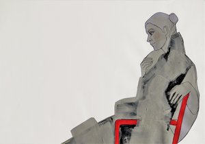 Nachdenkliche Frau Roter Stuhl von Doris Schmitz