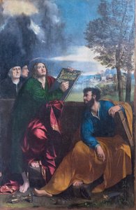 Heiliger Johannes der Evangelist und Heiliger Bartholomäus mit Pontichino della Sale und einem Familienmitglied von Dosso Dossi