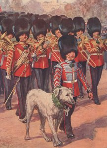 Die Band und das Wolfshund-Maskottchen der Irish Guards tragen am St. Patrick