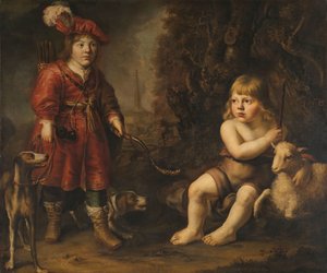 Porträts von zwei Jungen in einer Landschaft, einer als Jäger verkleidet, der andere als Johannes der Täufer von Douwe Juwes de Dowe