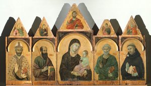 Die Heilige Jungfrau mit dem Christuskind und den Heiligen Augustinus, Paulus, Petrus und Dominikus (oder Polyptychon Nr. 28) von Duccio di Buoninsegna