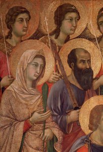 Jungfrau und Kind auf dem Thron, Detail mit der heiligen Katharina von Alexandria und dem heiligen Paulus von Duccio di Buoninsegna