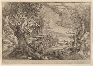 Landschaft mit Blockhaus an einem Fluss von Dutch 17th Century, formerly Jacques de Gheyn II