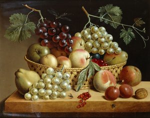 Ein Korb mit Trauben, Äpfeln, Pfirsichen und anderem Obst auf einem Sims, 1833