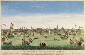 Eine Gesamtansicht des Hafens und der Stadt Amsterdam, Gravur von D.G. Hucquier, 16. Jahrhundert von Dutch School