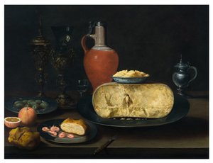 Stillleben mit Käse, Butter, Brot, Garnelen, Orangen, Oliven und Wein auf einem Tisch von Dutch School