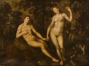 Adam und Eva im Garten Eden, ca. 1590-1610 von Dutch School