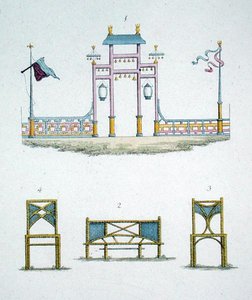 Chinesisches Tor und Gartensitze, aus 