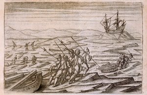 Sammeln von Treibholz für die Hütte, in der die Expedition überwinterte, Illustration aus Diarium Nauticum, seu vera descriptio trium navigationum admirandarum... von Gerrit de Veer, 1598 von Dutch School