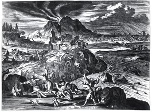 Erdbeben in Edo (Tokio) im Jahr 1659, Illustration aus dem Bericht von Arnold Montanus über die Botschaften der Niederländischen Ostindien-Kompanie an den Kaiser von Japan, veröffentlicht in Amsterdam 1669 von Dutch School