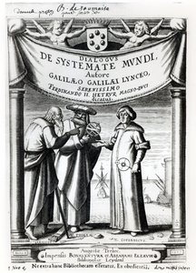 Frontispiz von Dialogus De Systemate Mundi von Galileo (1564-1642), veröffentlicht in Leiden 1635 von Dutch School