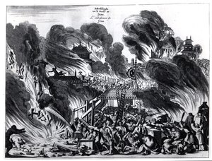 Großes Feuer in Yedo (Tokio) im 17. Jahrhundert, Illustration aus dem Bericht von Arnold Montanus über die Botschaften der Niederländischen Ostindien-Kompanie an den Kaiser von Japan, veröffentlicht in Amsterdam 1680 von Dutch School