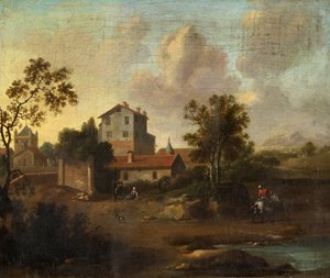 Landschaft mit Ruinen und einem Reiter auf einem weißen Pferd von Dutch School
