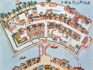 Plan der niederländischen Fabrik auf der Insel Desima in Nagasaki, aus Illustrationen von Japan von Isaac Titsingh, veröffentlicht in London, 1822 von Dutch School