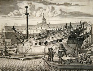 Schiff, das vor dem Marinearsenal der Niederländischen Ostindien-Kompanie in Brand geriet